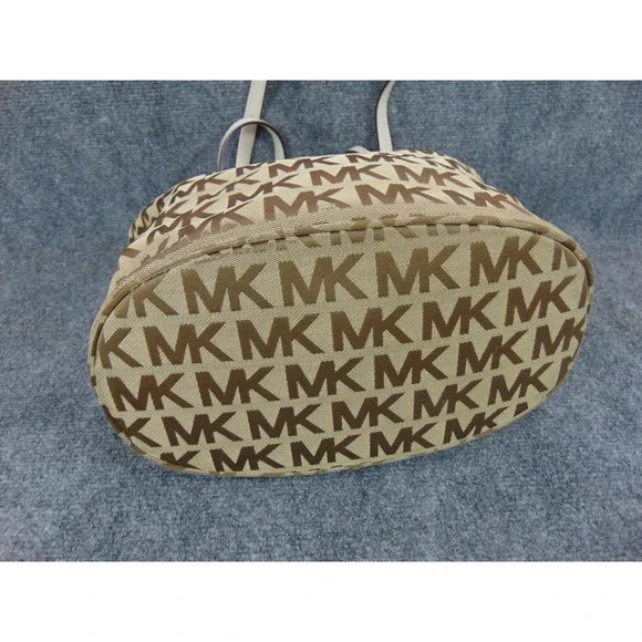 Michael Kors Tote Bag Jet Set MK Signature Logo Beige Brown Leather Trim - Picture 8 of 16
